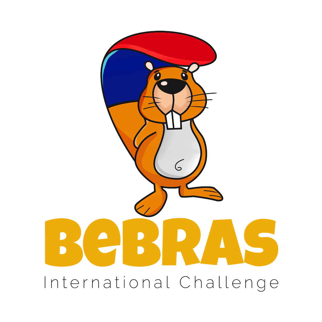 Бобр «Бебрас» в кепке цветов армянского триколора над надписью Bebras International Challenge